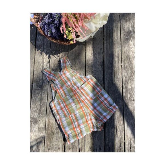 US Polo Association Plaid Shortalls Green Orange Sz 0-3M - Picture 4 of 5